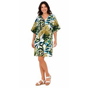 New Chico's 3 XL 16 18 Linen Tropical Palm Print Short Wedge Dress Dolman Sleeve